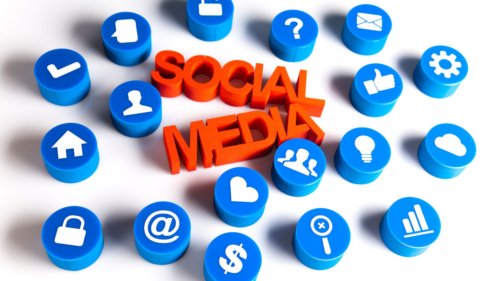 3D blue and orange social media icons and buttons on white background