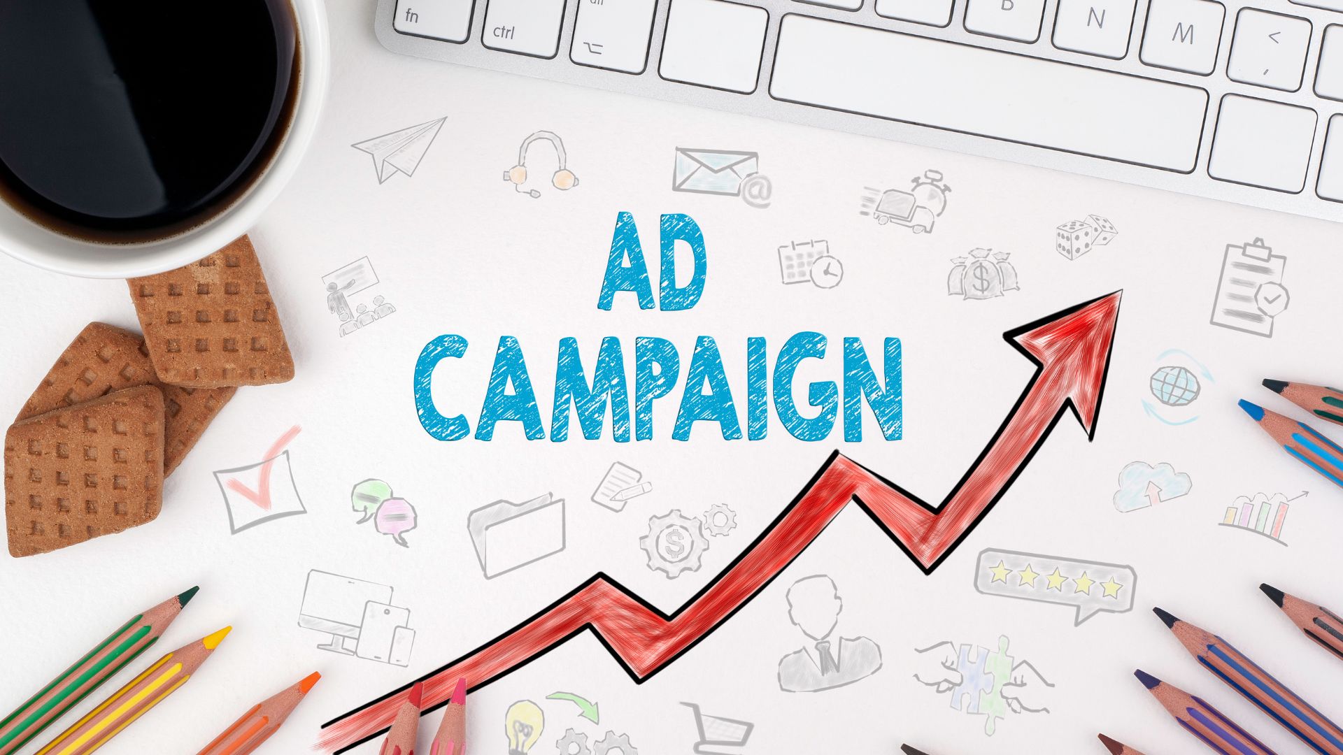 Rising red arrow and ad campaign text with business icons