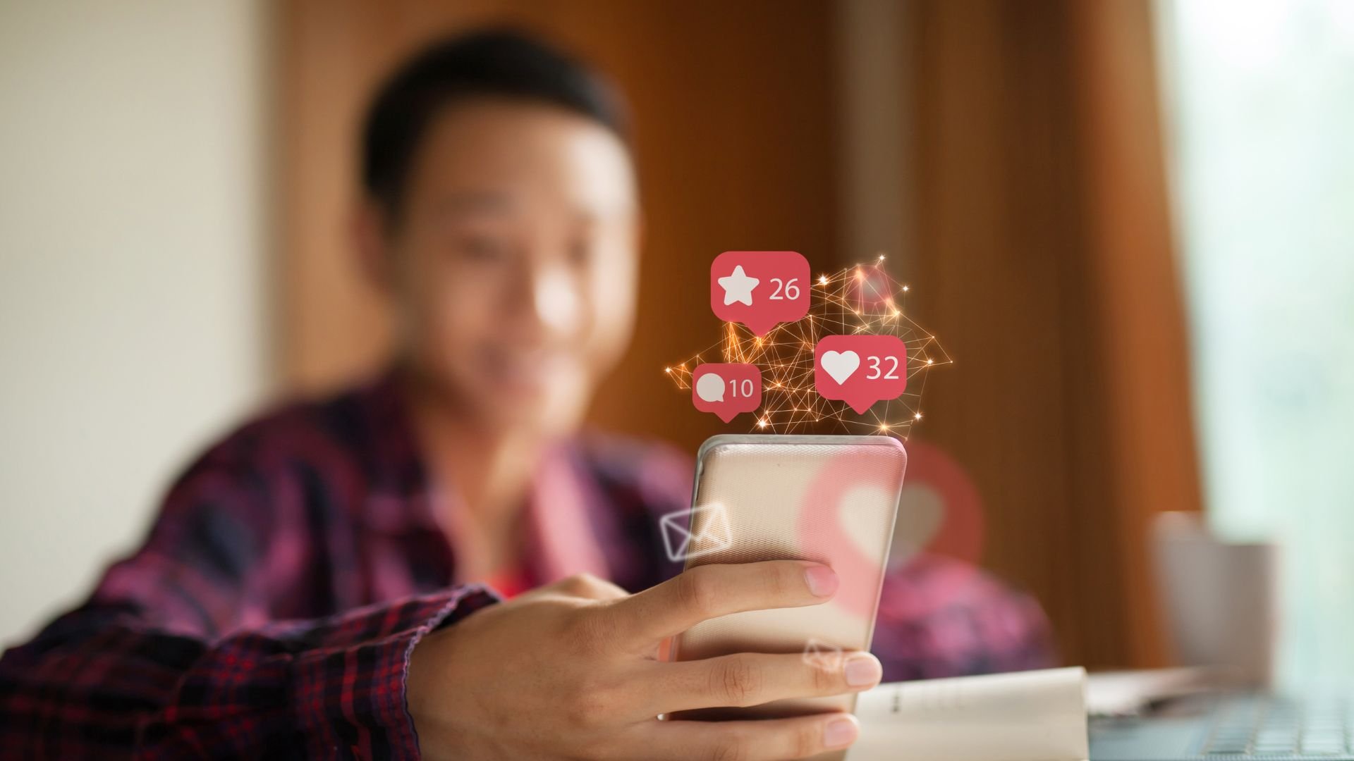 Person using smartphone with social media likes, comments, and notifications