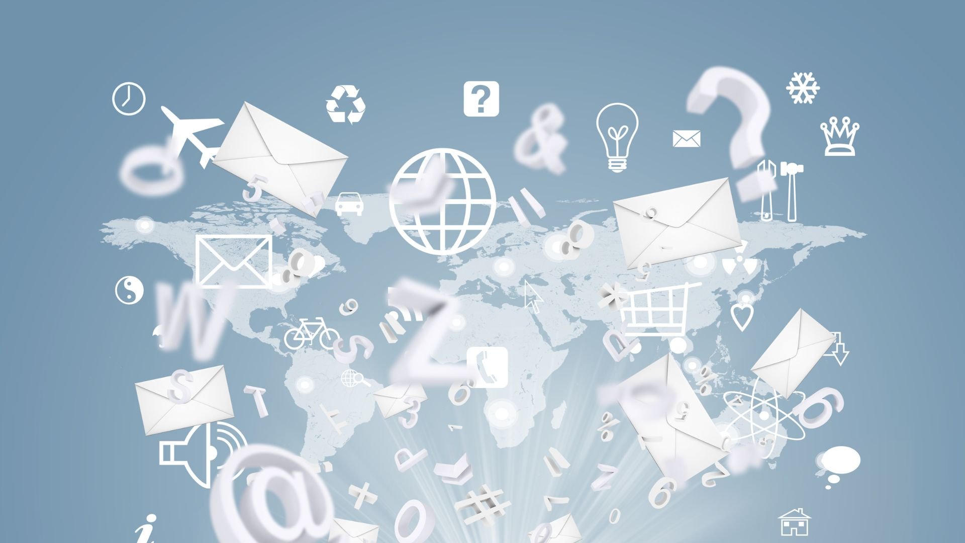 Global communication and connectivity icons floating over world map